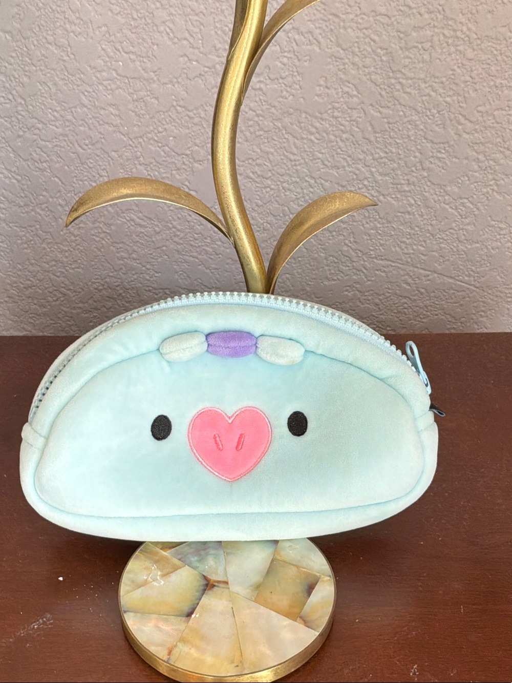 Cute Plush Kids Coin Pouch in Light Blue with Pink Heart Accent